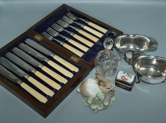 Cased fish eaters, 2 plated sauce boats, Lladro rabbit, 2 perfume bottles and pill box